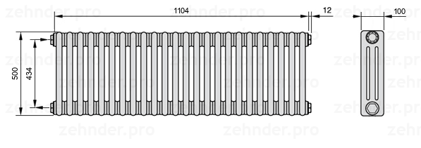 Схема (чертеж) Радиатор Zehnder Charleston 3050/24 №1270 Белый глянцевый RAL 9016